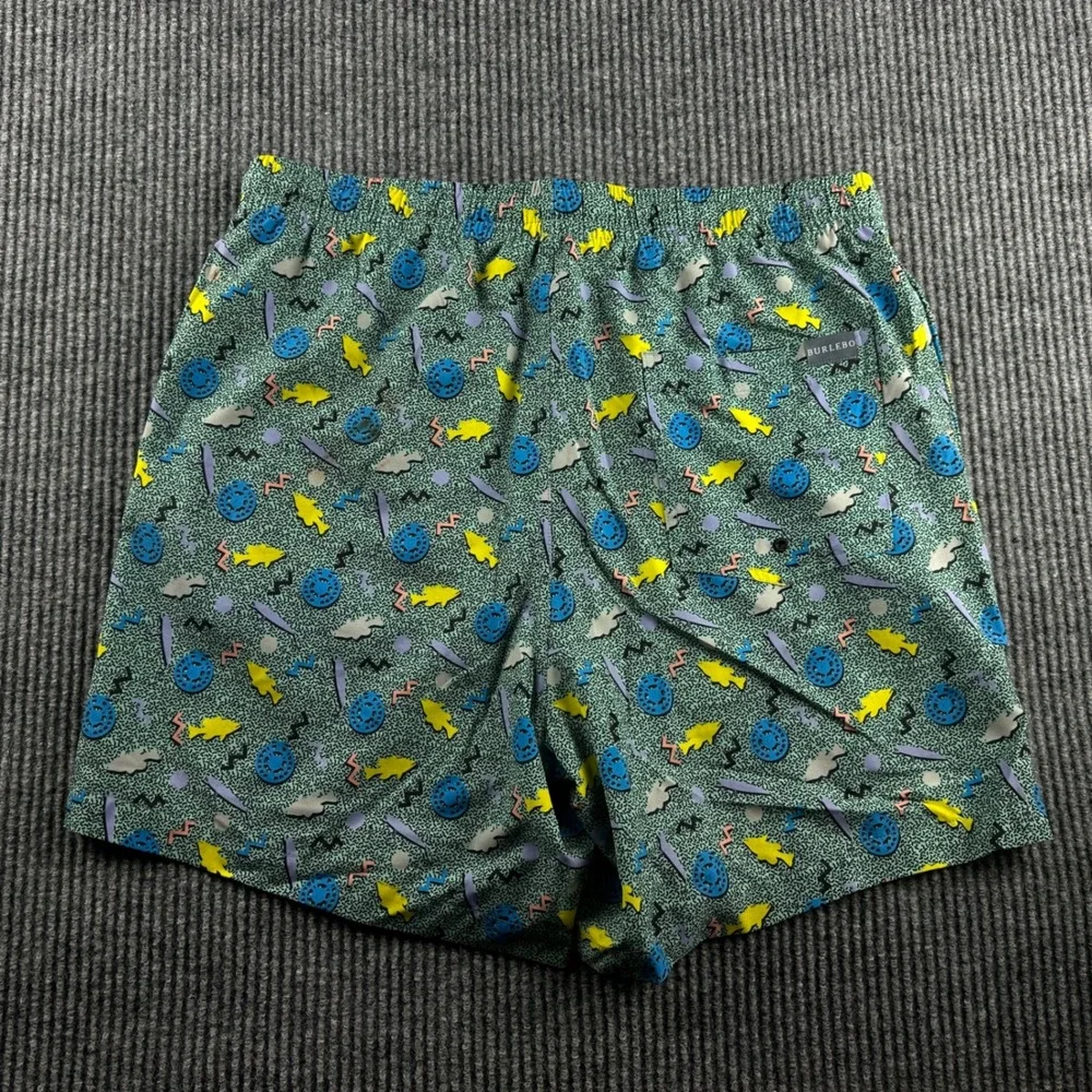 Burlebo Mens Retro 90s Geometric Fish Print Performance Everyday Shorts Green M